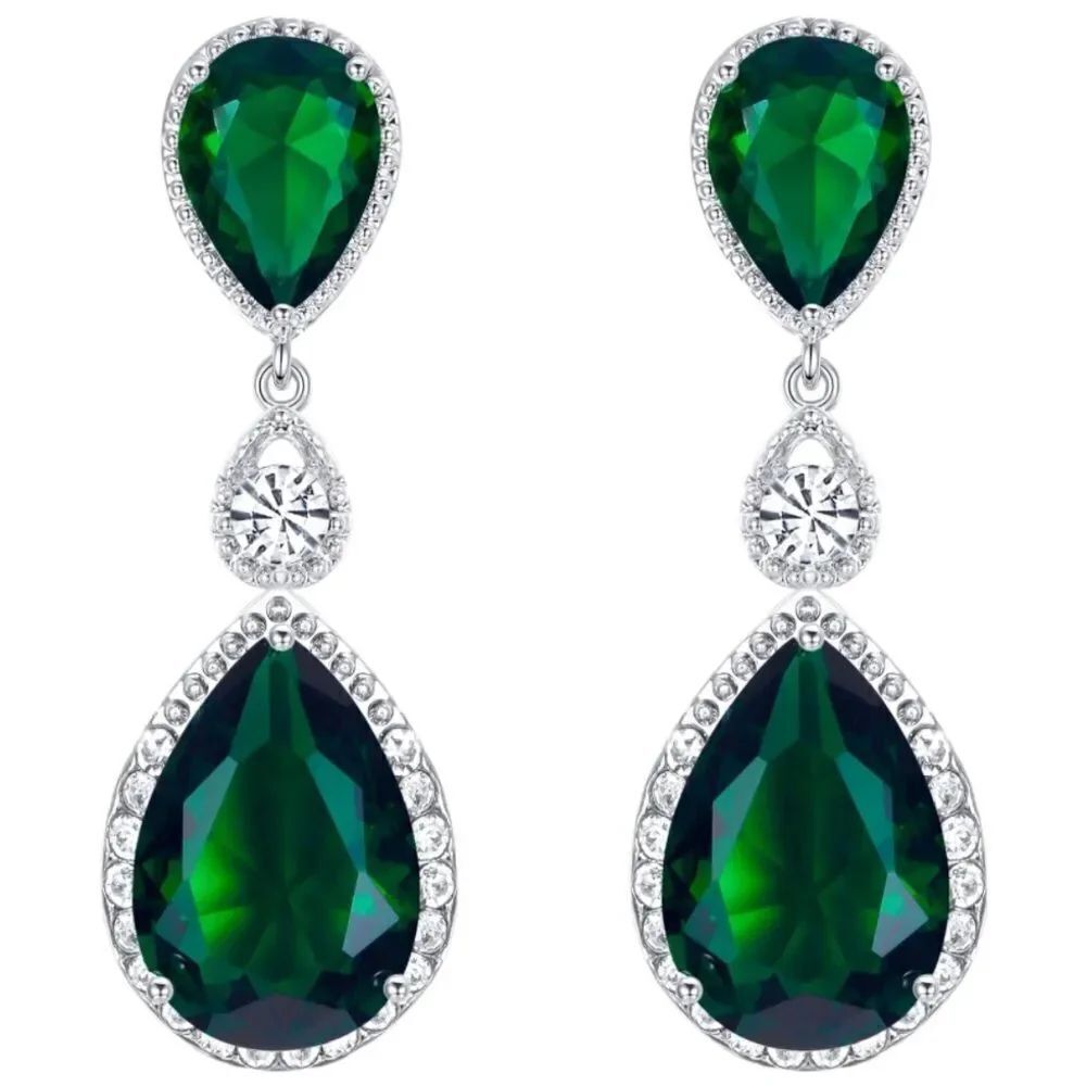Silver with Emerald Green and White Diamond CZ Teardrop Chandelier Post Earrings